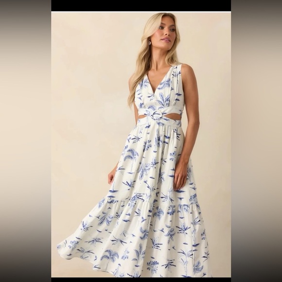 NWT Dress Forum CALLIE BLUE PALM TREE PRINT COTTON CUT-OUT MAXI DRESS 
sz Large - Picture 5 of 12